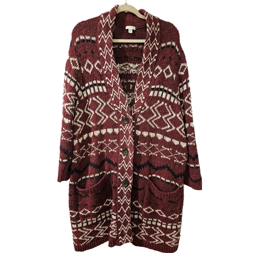J Jill Cardigan Sweater Port Multi Jacquard Cozy Aztec burgandy size 2X
